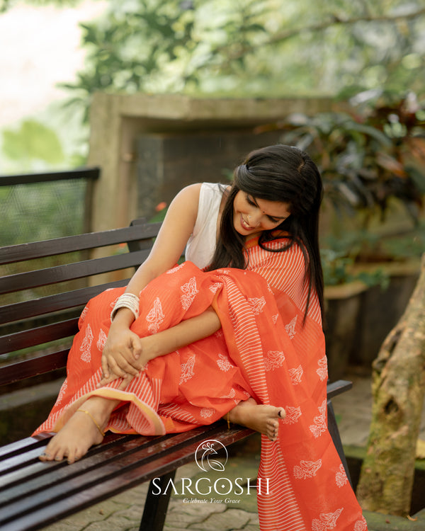 Brown Ivory Chanderi Hand Block Printed Saree With Ghicha Border - S03 –  InduBindu